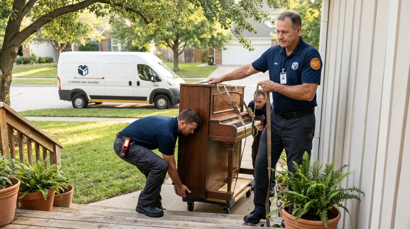 Licensed piano movers securing grand piano in Rhodhiss, NC