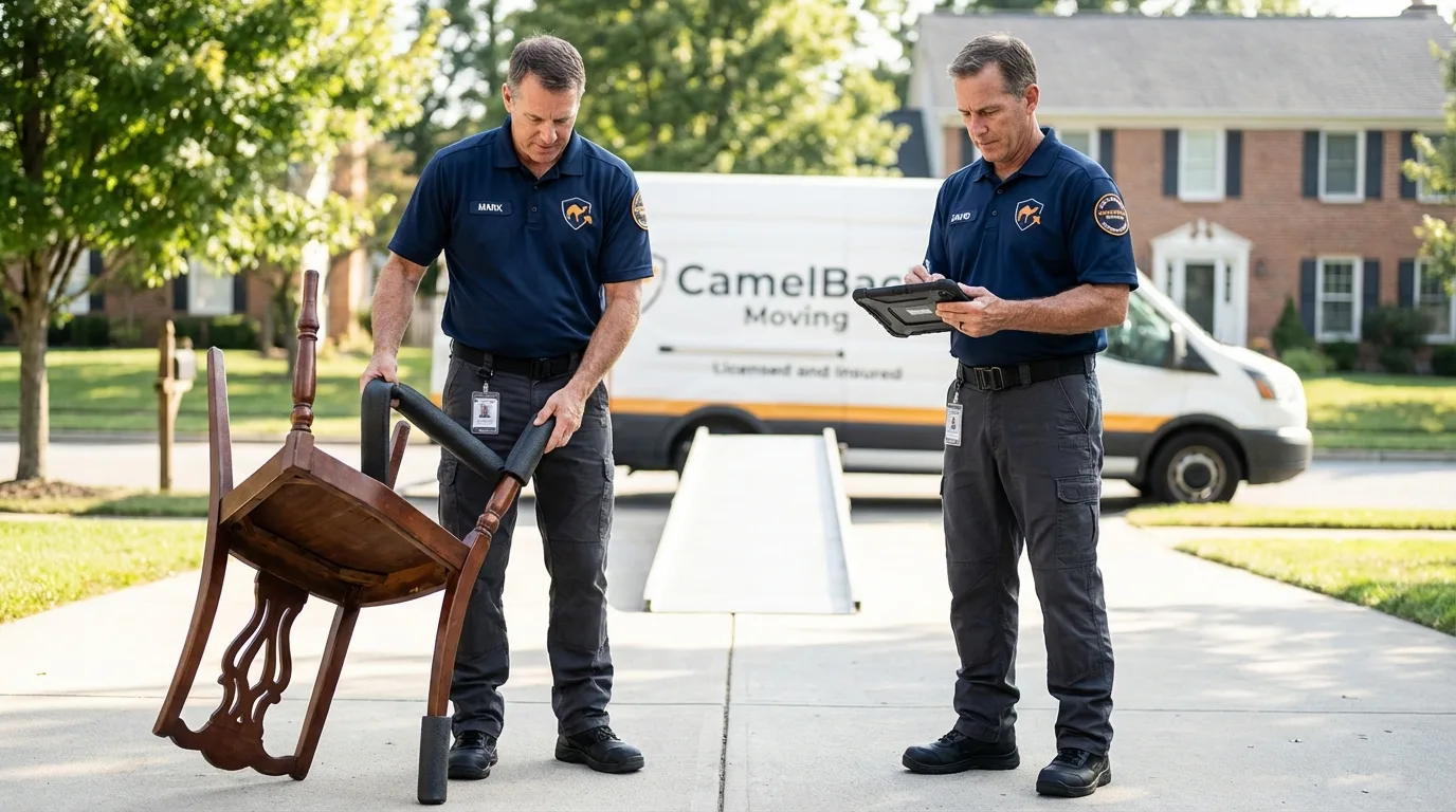 Movers inspecting furniture for damage prevention before loading in Rhodhiss, NC