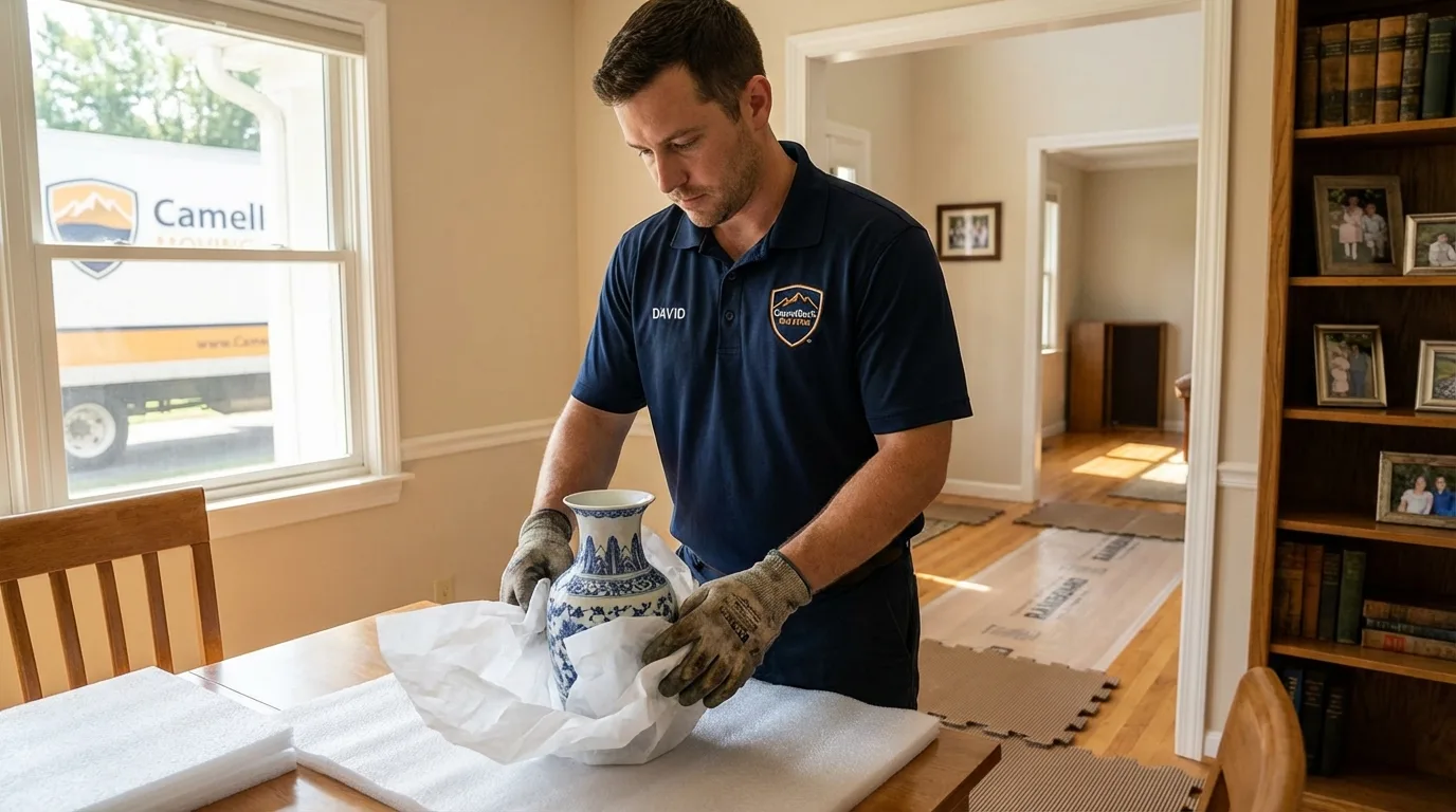 Professional crew carefully wrapping antique vase for senior downsizing move in Rhodhiss, NC